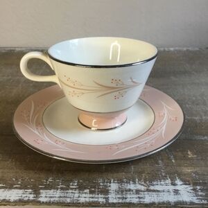 Vintage tea cup and saucer set pink cream beige orange delicate floral design